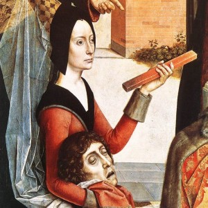 Dieric Bouts the Elder, Ordeal by Fire (detail), 1460. In this scene, a woman proves her innocence by holding a red-hot iron without suffering injury.