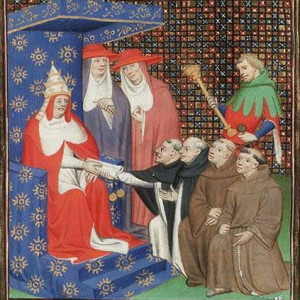 Vincent of Beauvais, Pope Innocent IV sends Dominicans and Franciscans out to the Tartars. From Le Miroir Historial (Vol. IV).