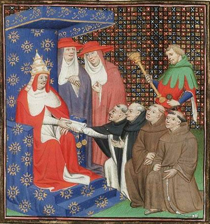 Vincent of Beauvais, Pope Innocent IV sends Dominicans and Franciscans out to the Tartars. From Le Miroir Historial (Vol. IV). 